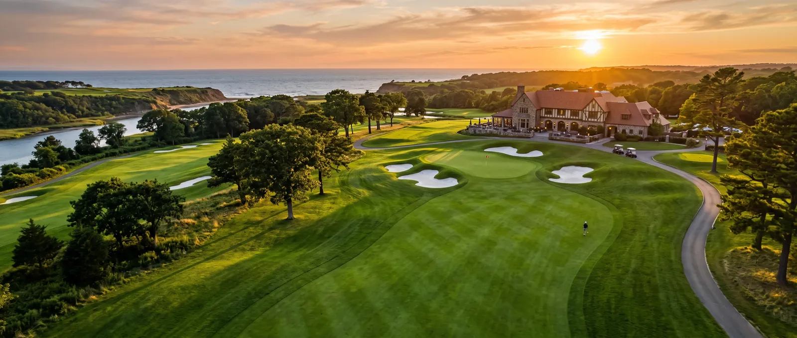 Aerial view of a golf course and clubhouse at sunset