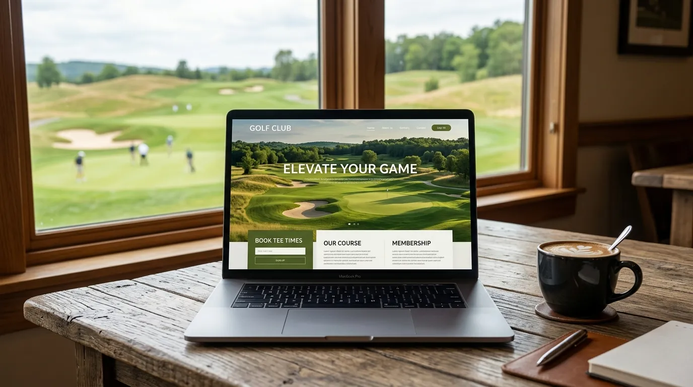 A golf club website open on a laptop overlooking the course