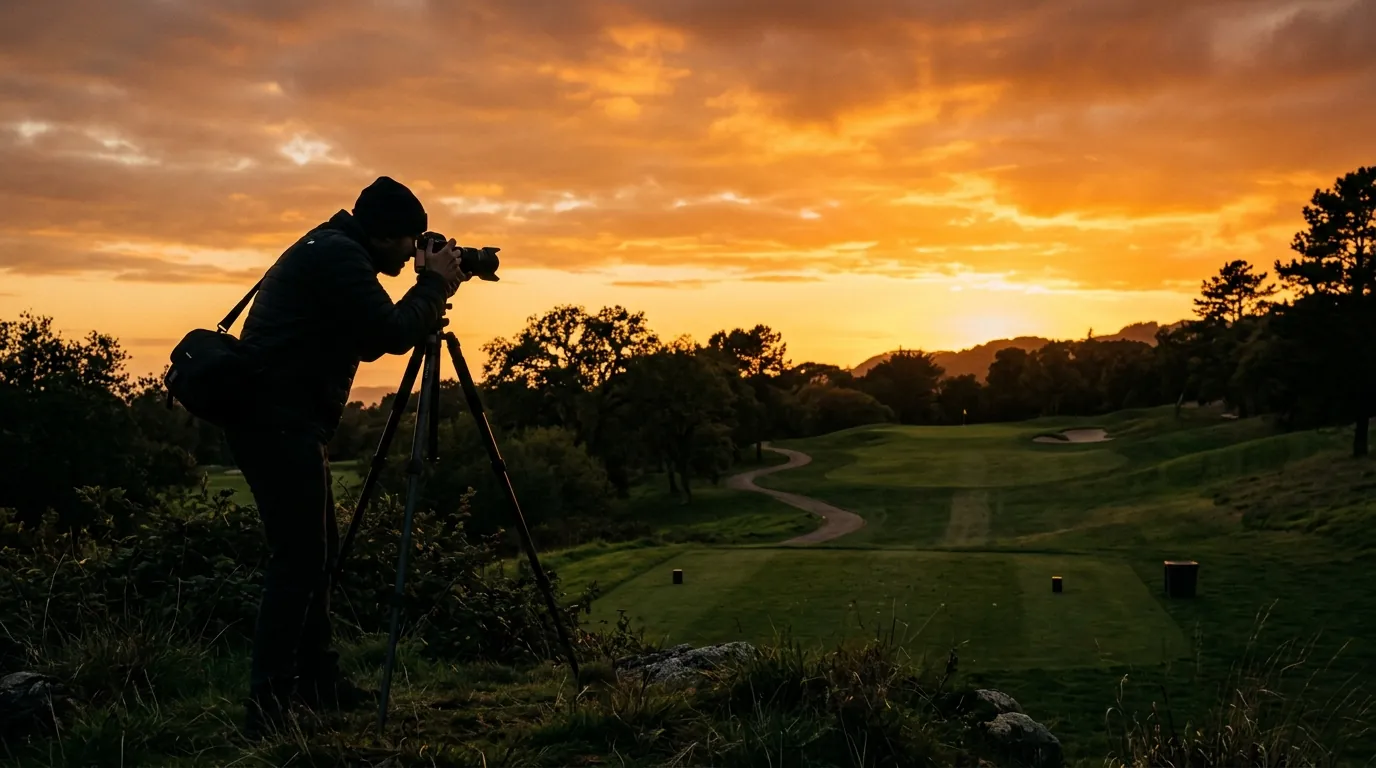 A photographer shooting a golf course at sunset